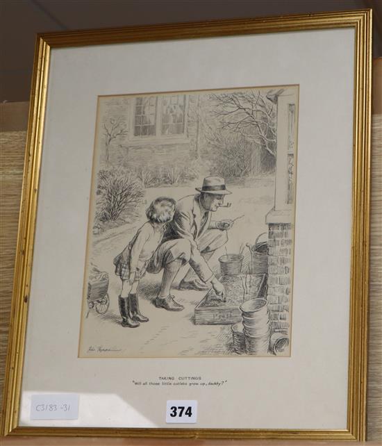 Fred Pegram (1870-1937) pen and ink, original illustration Taking cuttings, will all those little cutlets grow up daddy?, signed, 28